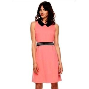 Elle Fit & Flare Dress M Coral Pleated Collar Sleeveless Black Trim Preppy Fun